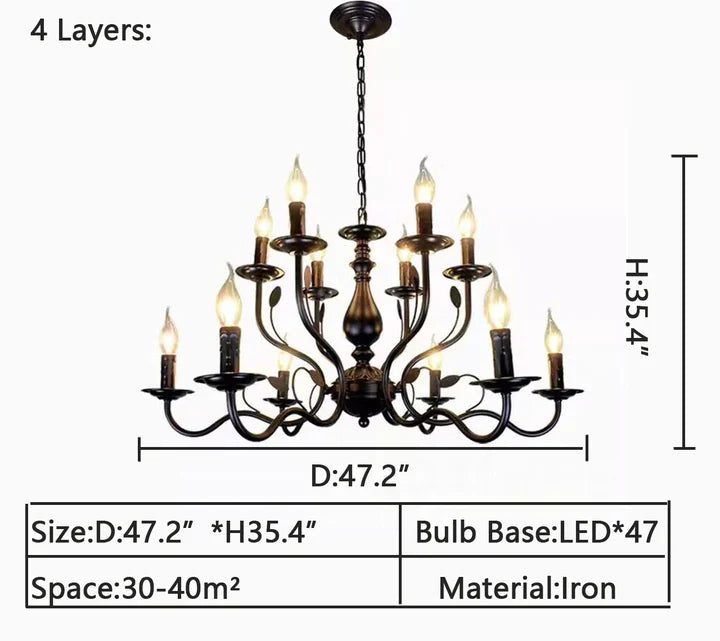 Multi Layer Iron Chandelier with Electronic Candles in Vintage Country Style for Living Room Cafe and Study