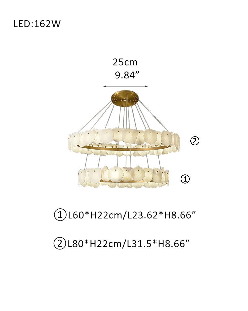 3 - tiered stairwell chandeliers | irregular alabaster plate in disk ceiling with long cord - D23.6" + D31.5"White + BrassTrivellolab
