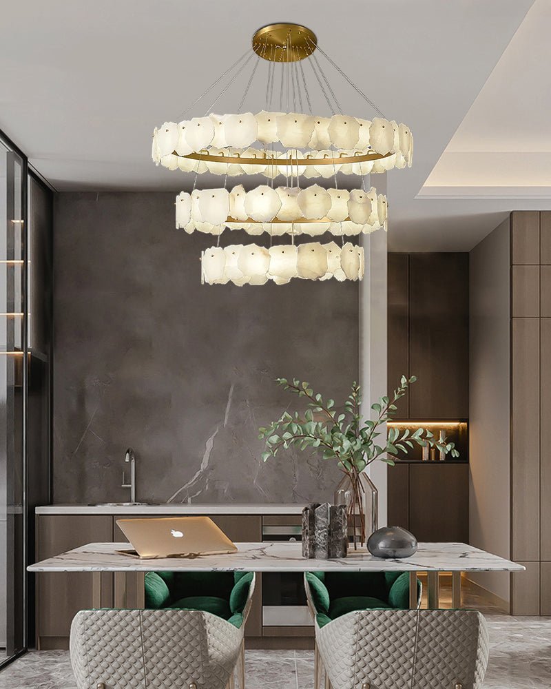 3 - tiered stairwell chandeliers | irregular alabaster plate in disk ceiling with long cord - D23.6" + D31.5"White + BrassTrivellolab