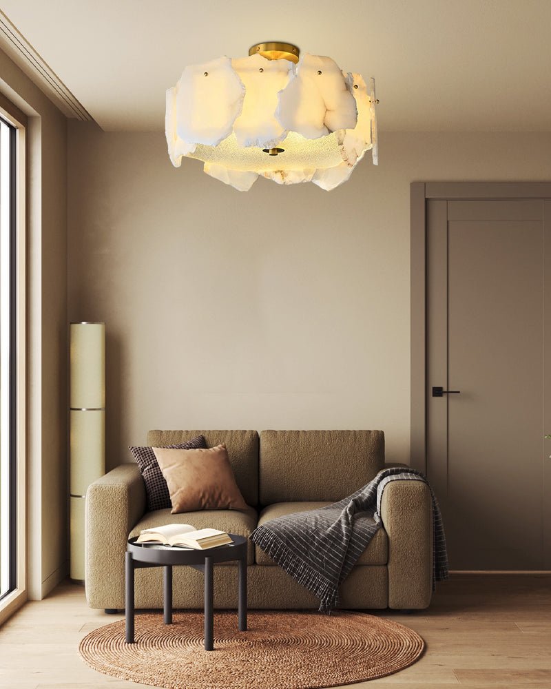 3 - tiered stairwell chandeliers | irregular alabaster plate in disk ceiling with long cord - D23.6" + D31.5"White + BrassTrivellolab