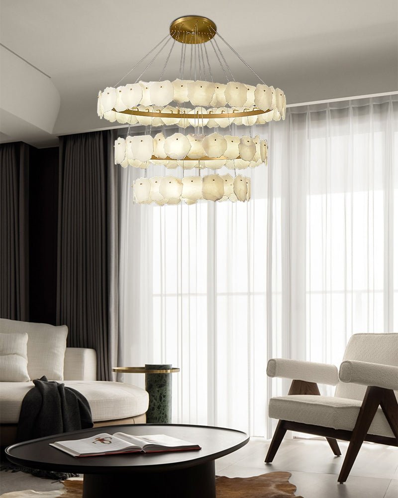 3 - tiered stairwell chandeliers | irregular alabaster plate in disk ceiling with long cord - D23.6" + D31.5"White + BrassTrivellolab