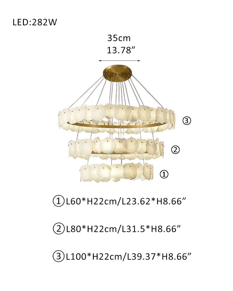 3 - tiered stairwell chandeliers | irregular alabaster plate in disk ceiling with long cord - D23.6" + D31.5" + D39.4"White + BrassTrivellolab