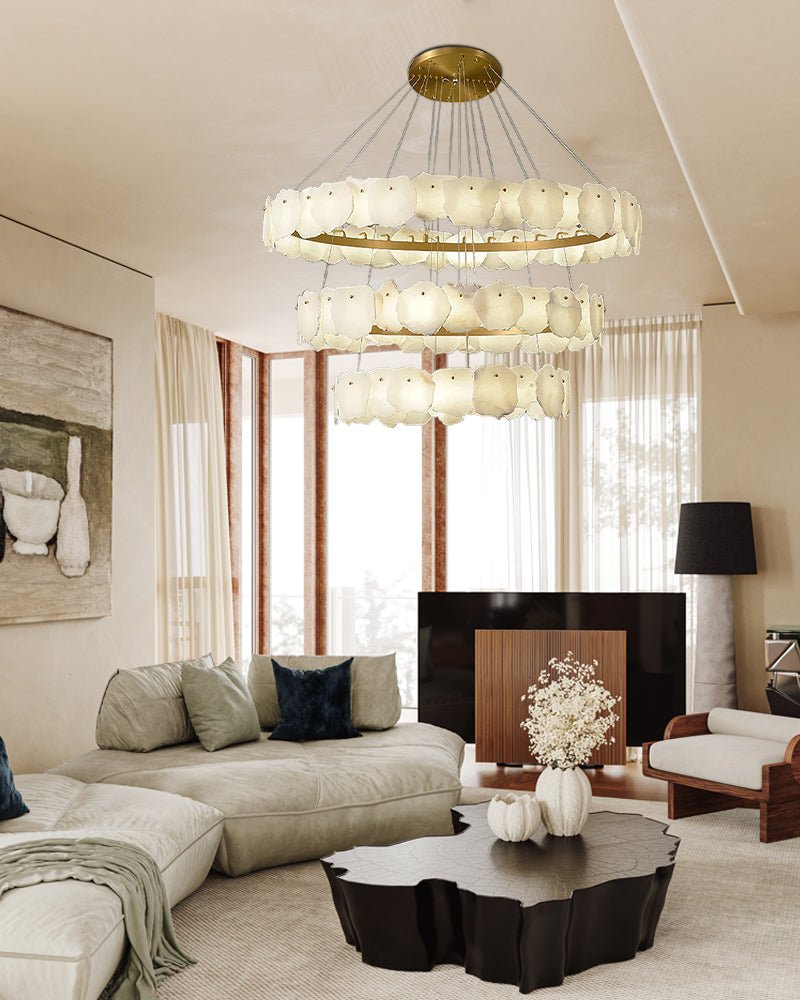 3 - tiered stairwell chandeliers | irregular alabaster plate in disk ceiling with long cord - D23.6" + D31.5"White + BrassTrivellolab