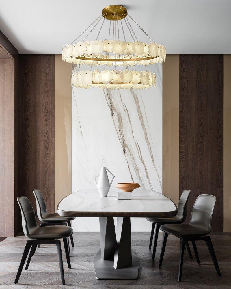 3 - tiered stairwell chandeliers | irregular alabaster plate in disk ceiling with long cord - D23.6" + D31.5"White + BrassTrivellolab
