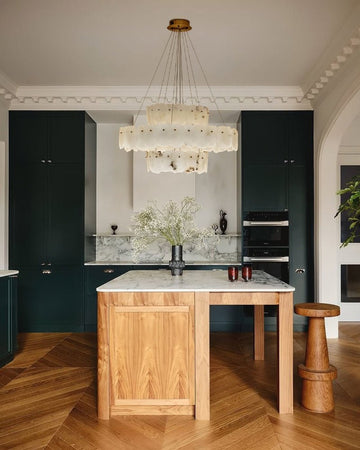 3 - tiered stairwell chandeliers | irregular alabaster plate in disk ceiling with long cord - D23.6" + D31.5"White + BrassTrivellolab