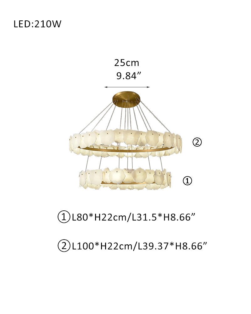 3 - tiered stairwell chandeliers | irregular alabaster plate in disk ceiling with long cord - D31.5" + D39.4"White + BrassTrivellolab