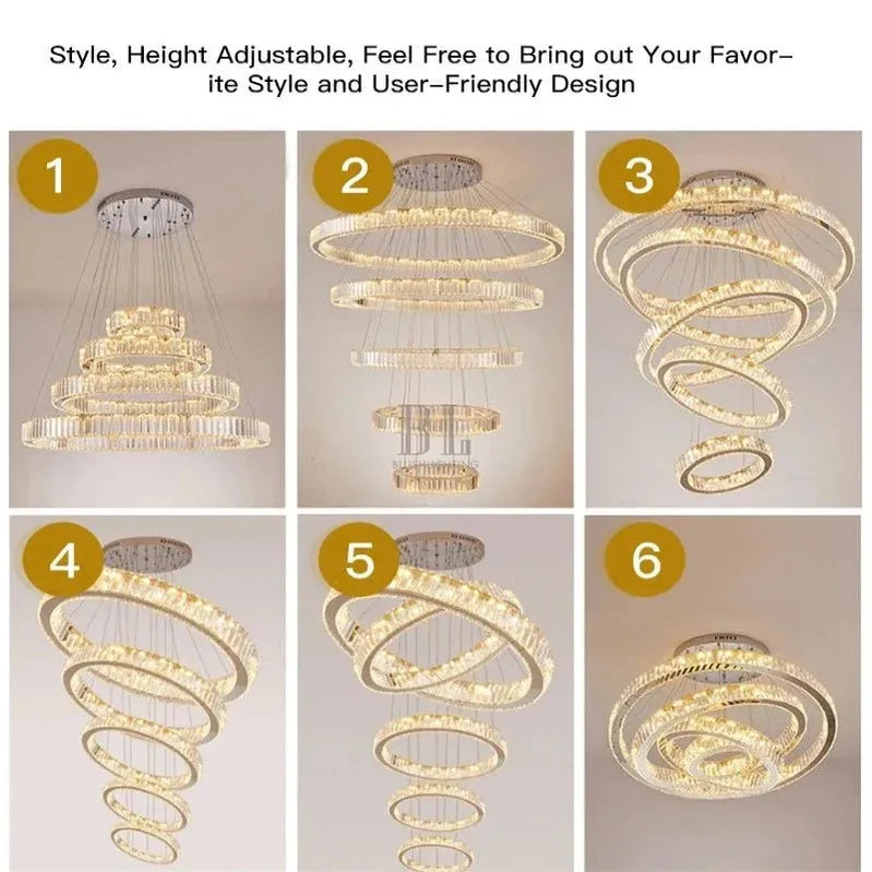 6 Tier Crystal Ring Chandelier for High Ceiling - ChromeWarm white 3000KTrivellolab