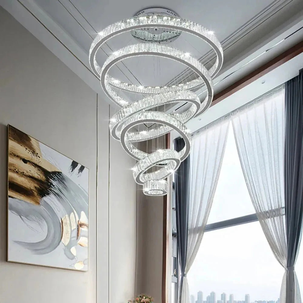 6 Tier Crystal Ring Chandelier for High Ceiling - ChromeWarm white 3000KTrivellolab