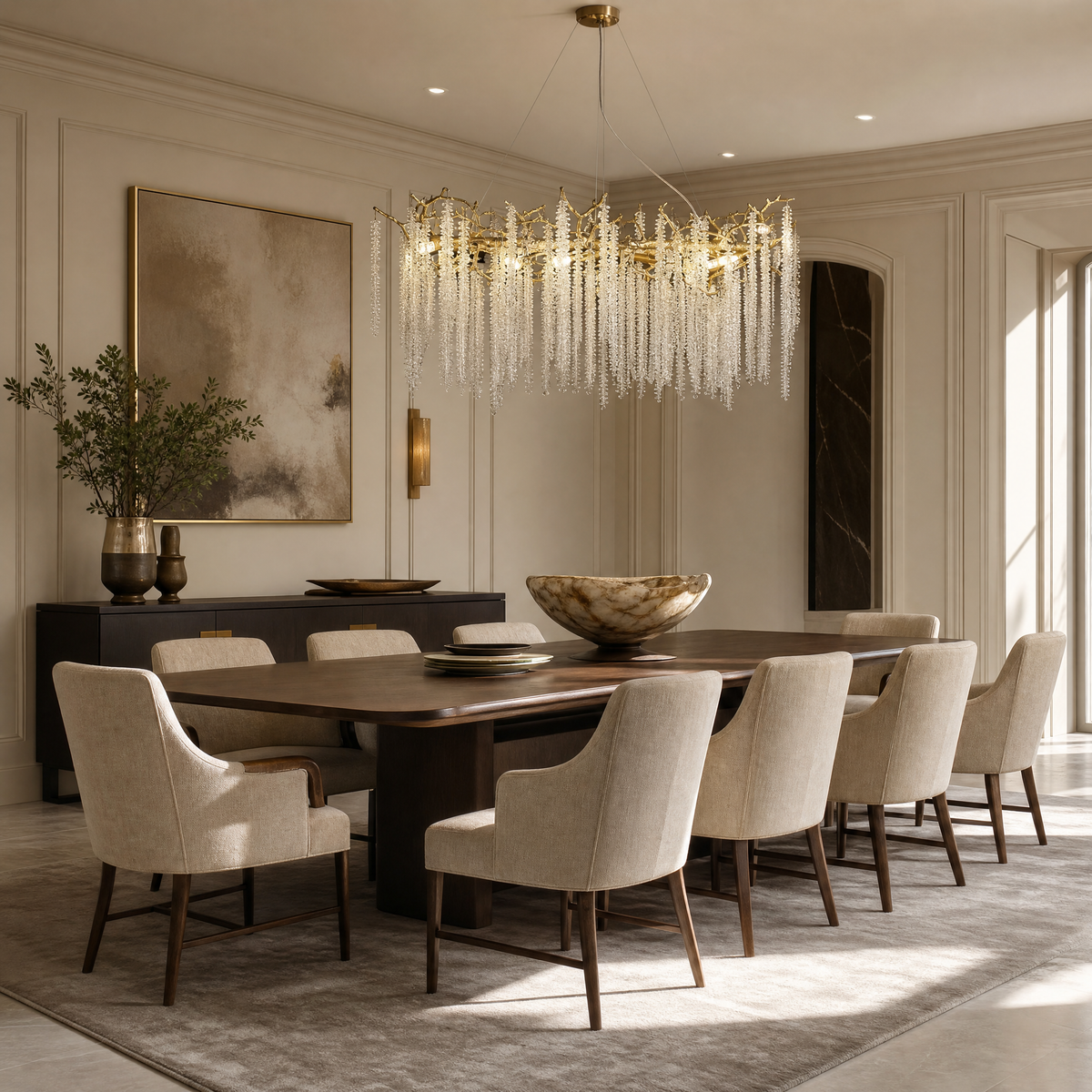 A Trivellolab gold metal branch chandelier with cascading crystal beads suspended in a rainfall arrangement.
