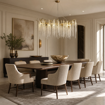 A Trivellolab gold metal branch chandelier with cascading crystal beads suspended in a rainfall arrangement.
