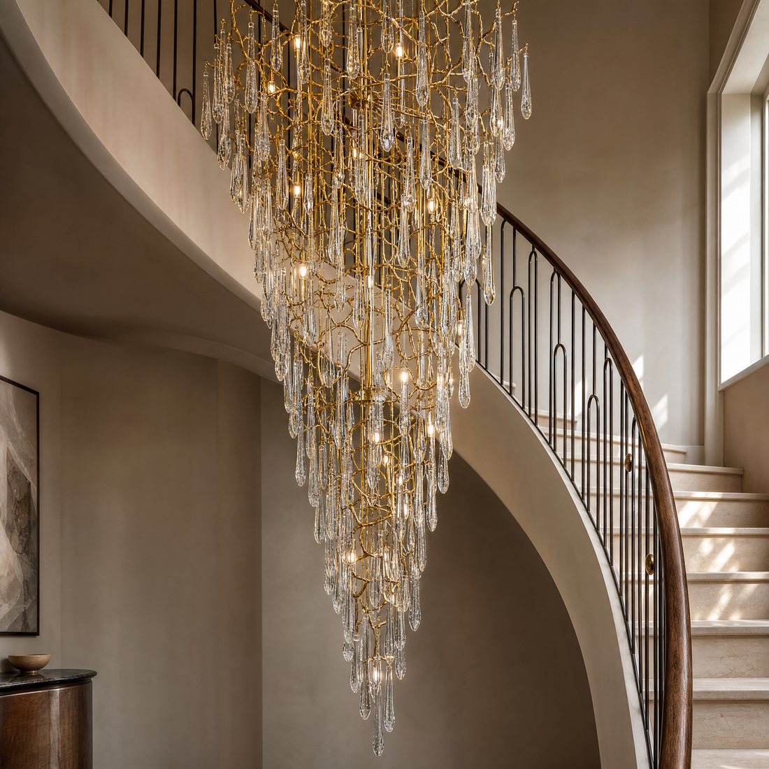 Gold Metal and Crystal Teardrop Waterfall Chandelier