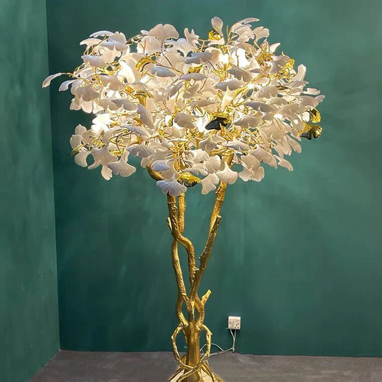 Luxury Creative White Ceramic Ginkgo Biloba Copper Branch Tree Floor Lamp for Living Room and Bedroom