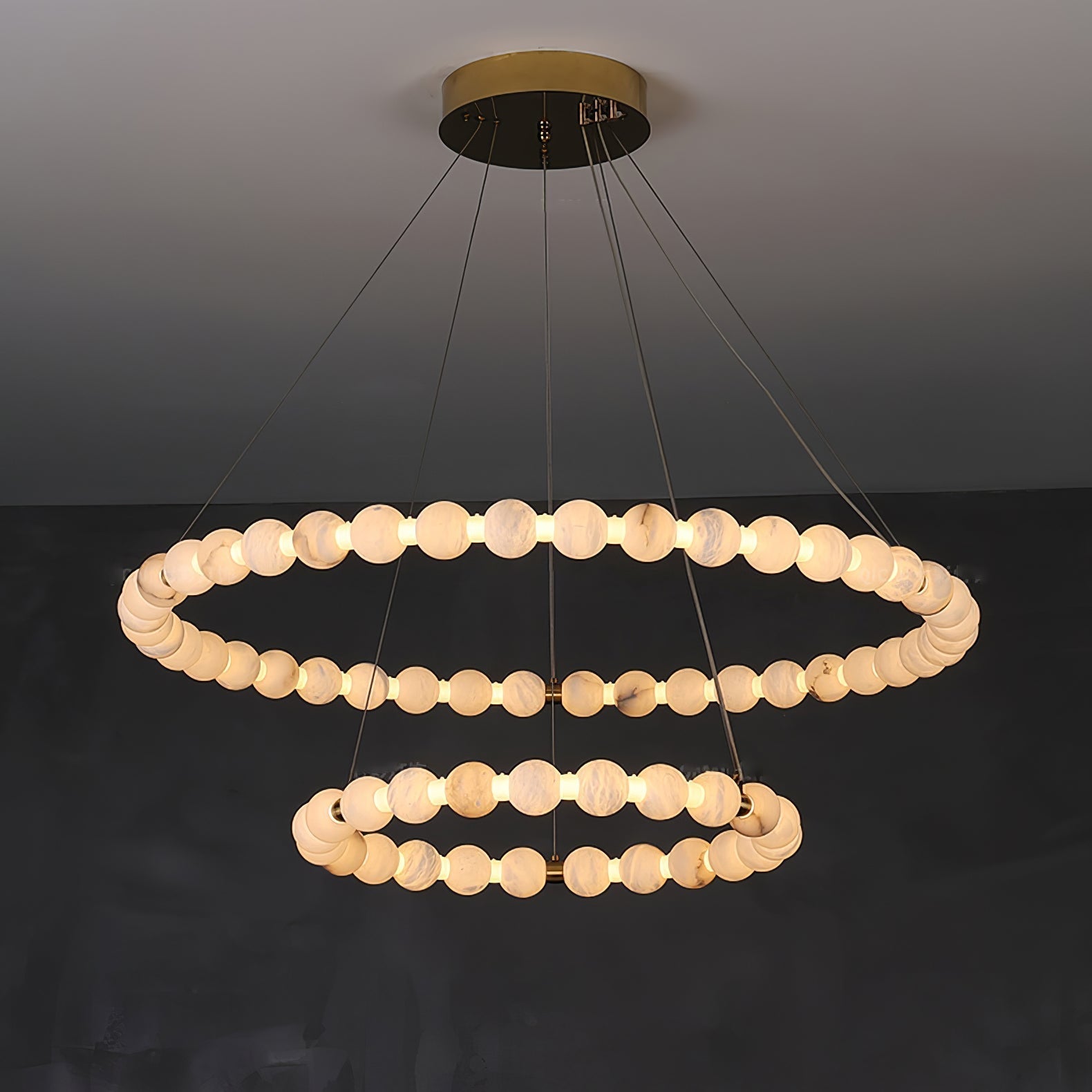 Alabaster Orb Ring Chandelier - 23.6″ + 39.4″Gold & WhiteWarm LightTrivellolab