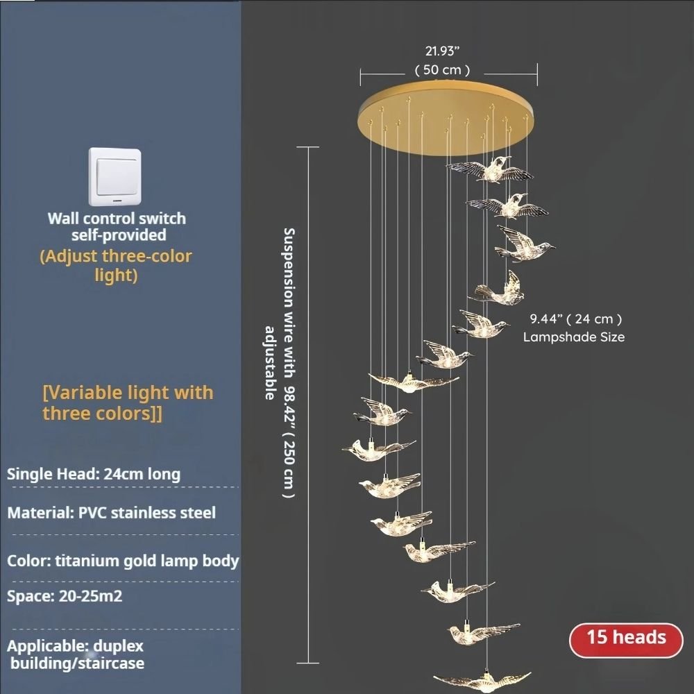 Bird Spiral Long Led Chandelier for Staircase and Foyer - Gold6 LightsCool white 6000KTrivellolab