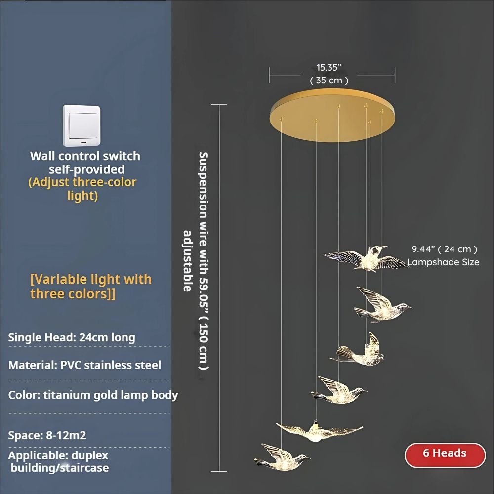 Bird Spiral Long Led Chandelier for Staircase and Foyer - Gold6 LightsCool white 6000KTrivellolab