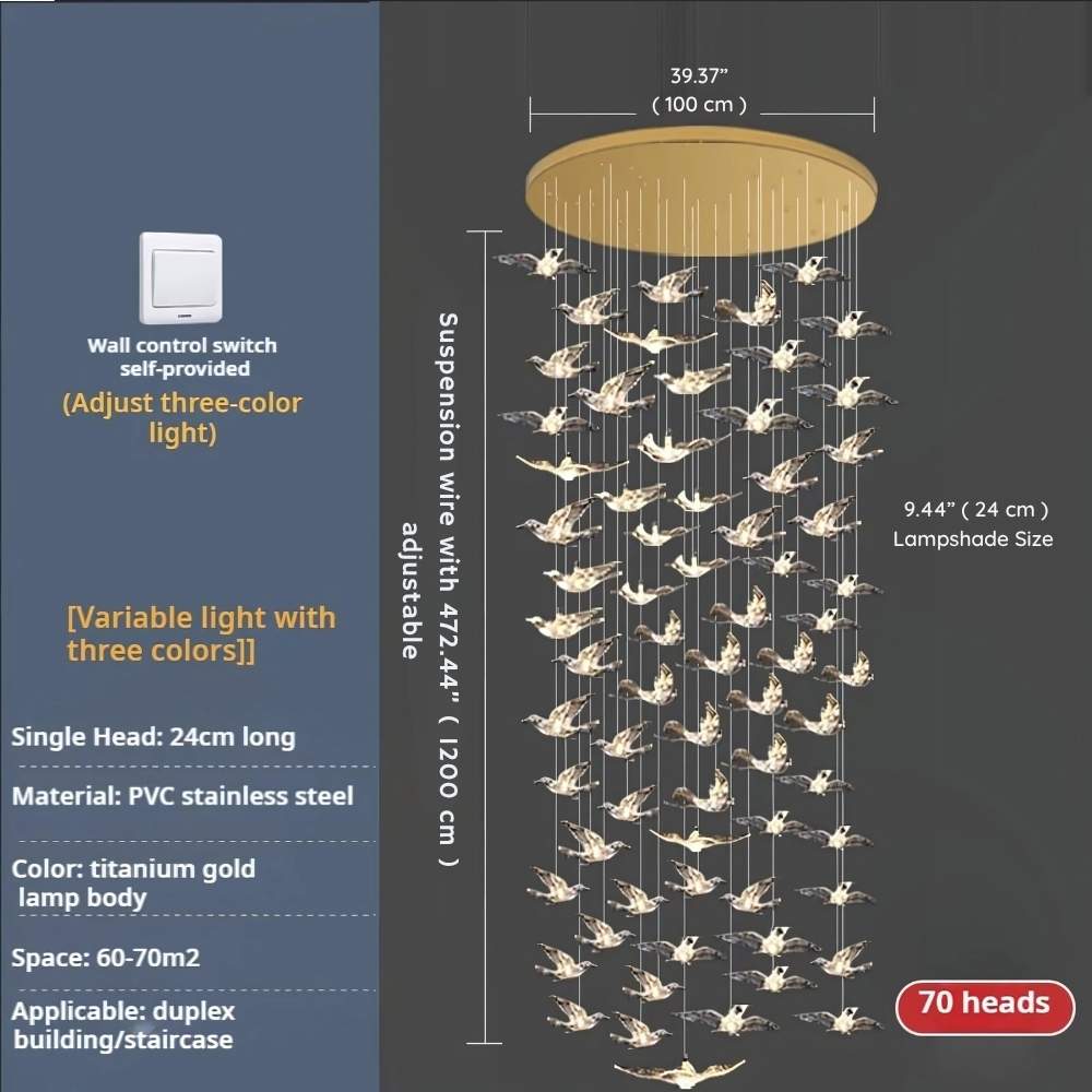 Bird Spiral Long Led Chandelier for Staircase and Foyer - Gold6 LightsCool white 6000KTrivellolab