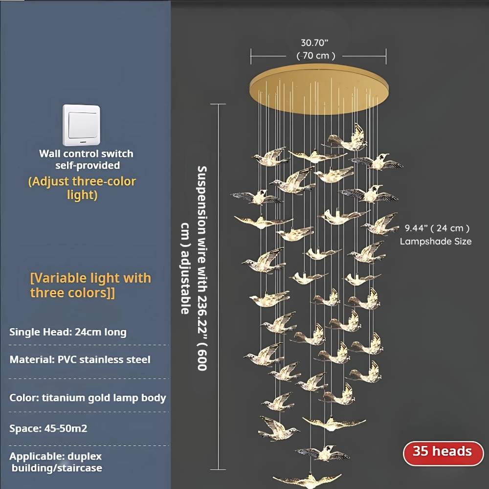 Bird Spiral Long Led Chandelier for Staircase and Foyer - Gold6 LightsCool white 6000KTrivellolab