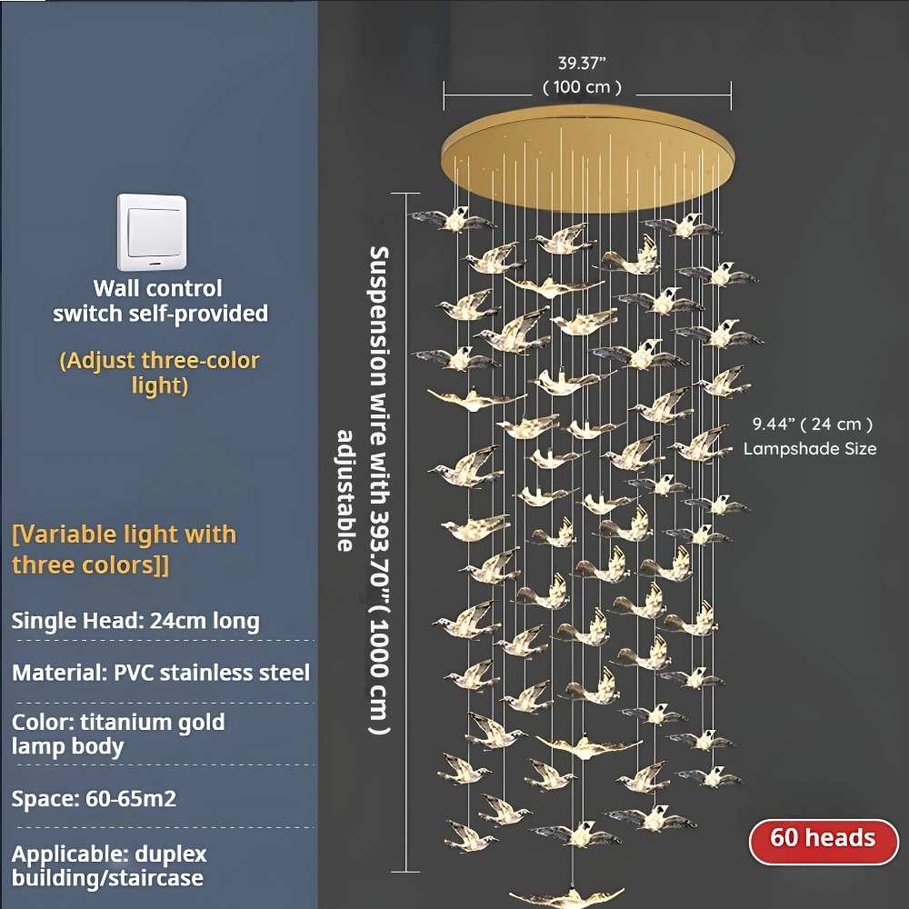 Bird Spiral Long Led Chandelier for Staircase and Foyer - Gold6 LightsCool white 6000KTrivellolab