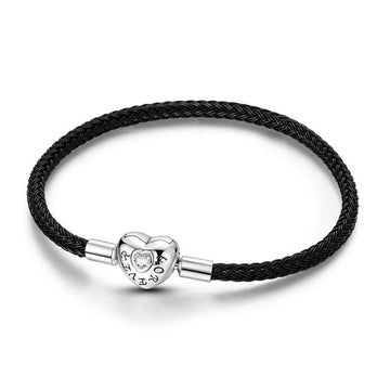 Trivellolab Black Braided Leather Bracelet with Heart Clasp