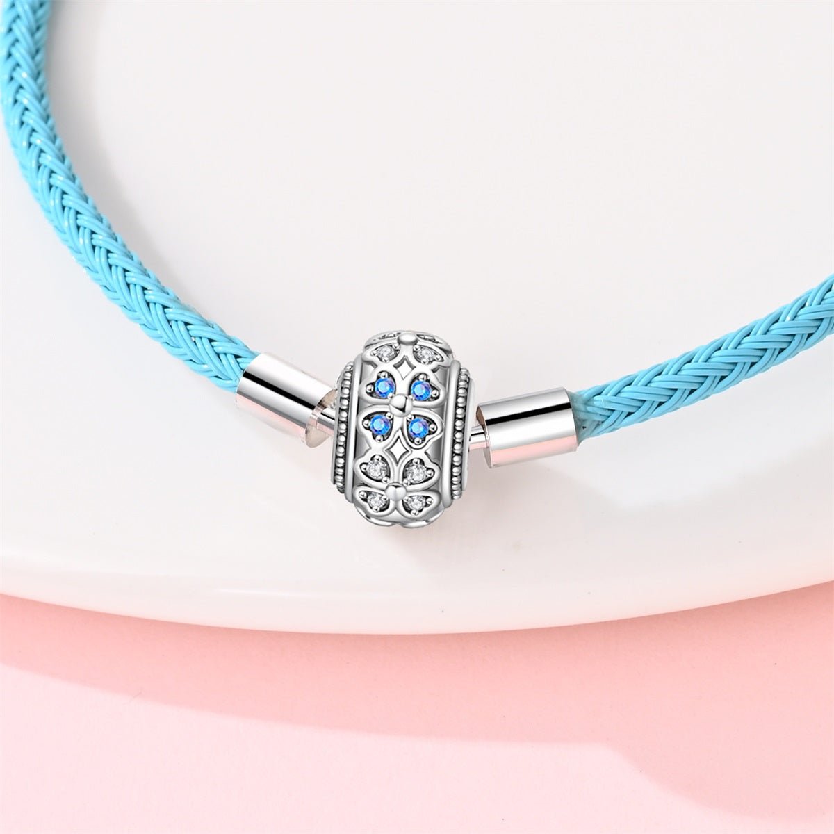 Trivellolab Blue Leather Bracelet with Clover Clasp