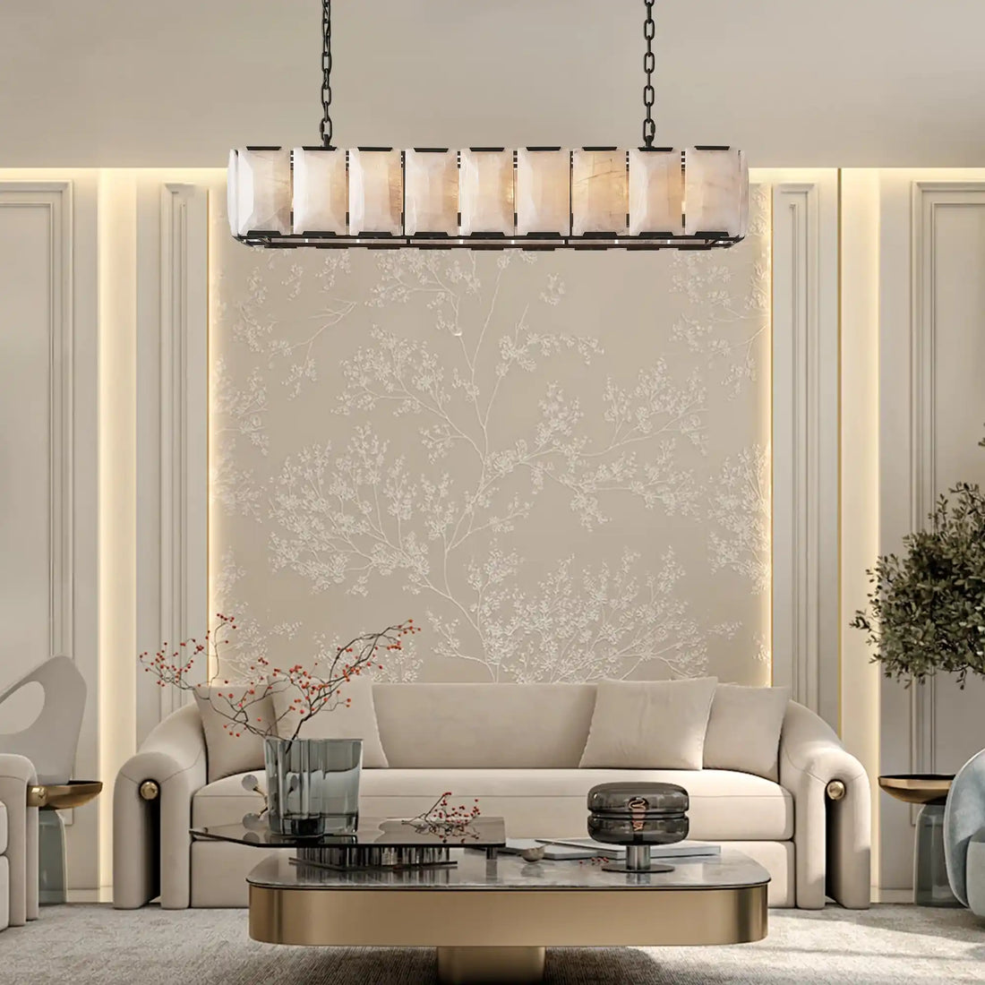 Velora Calcite Modern Rectangular Alabaster Chandelier