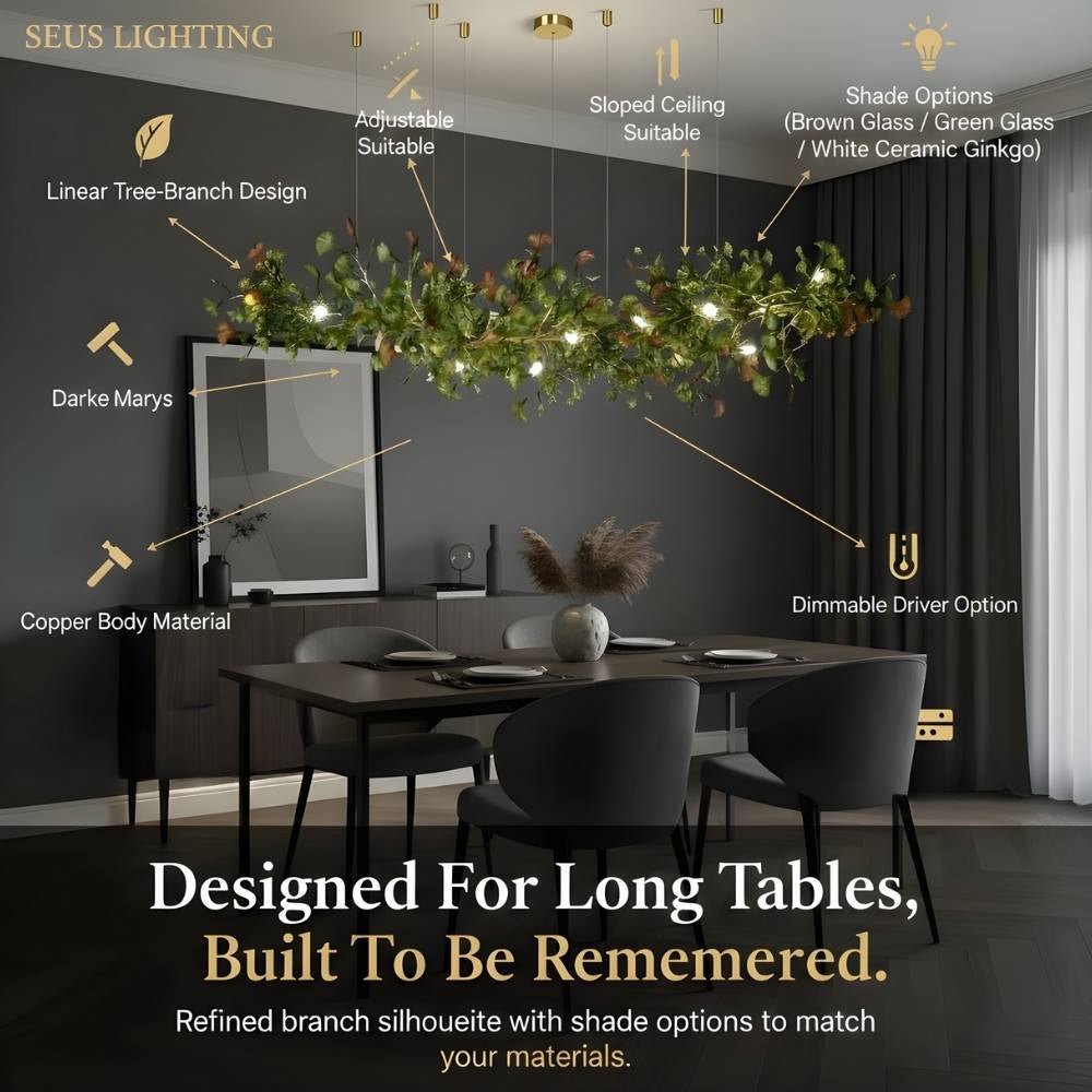 Calla Ginko Leaf Linear Chandelier - GreenL59.06" (150cm)Warm Light 2700KTrivellolab