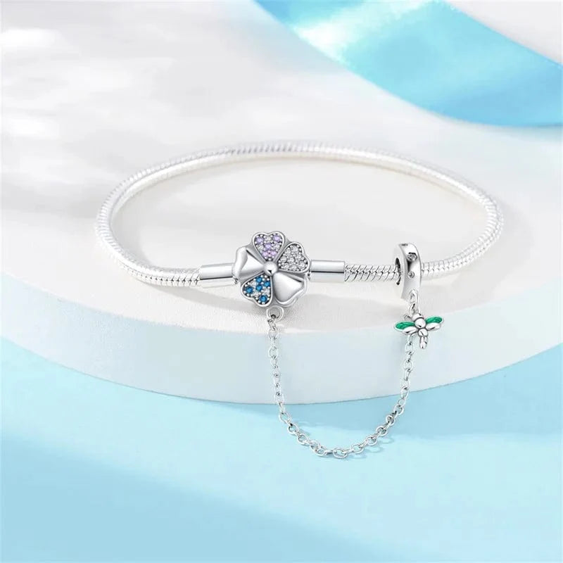 Trivellolab Clover and Dragonfly Charm Bracelet with Safety Chain