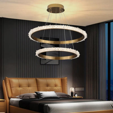 Contemporary K9 Crystal Halo Circle Foyer Chandelier - TWO RING - 31.5" D+ 23.6" DTrivellolab