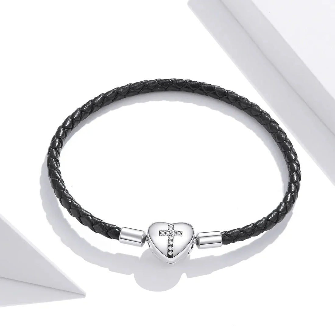 Trivellolab Cross Heart Black Leather Charm Bracelet