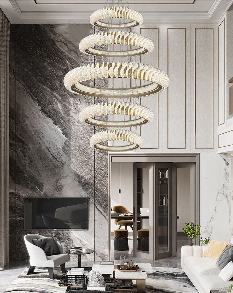 Extra Large Multi - layers Rings Crystal Chandelier Modern Art Waves Creative Pendant Light For High - ciling Foyer/Hallway/Staircase - 4 Layers:D39.4"GoldWarm LightTrivellolab