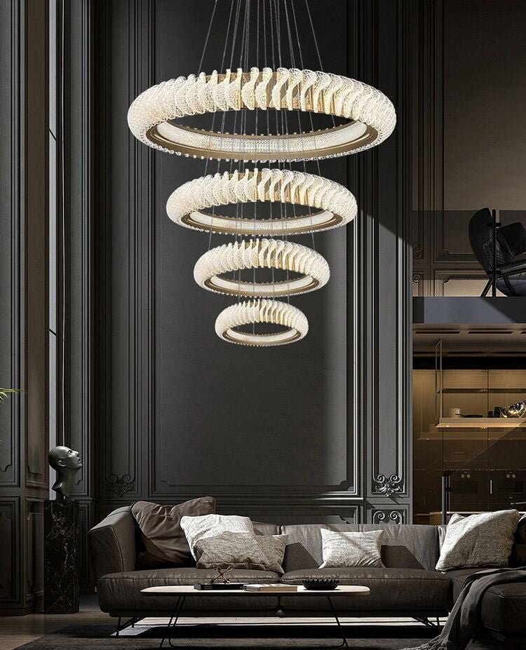 Extra Large Multi - layers Rings Crystal Chandelier Modern Art Waves Creative Pendant Light For High - ciling Foyer/Hallway/Staircase - 4 Layers:D39.4"GoldWarm LightTrivellolab