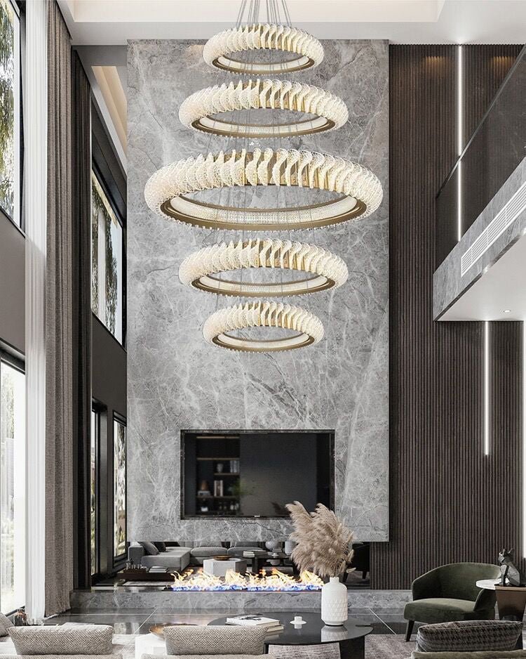 Extra Large Multi - layers Rings Crystal Chandelier Modern Art Waves Creative Pendant Light For High - ciling Foyer/Hallway/Staircase - 4 Layers:D39.4"GoldWarm LightTrivellolab