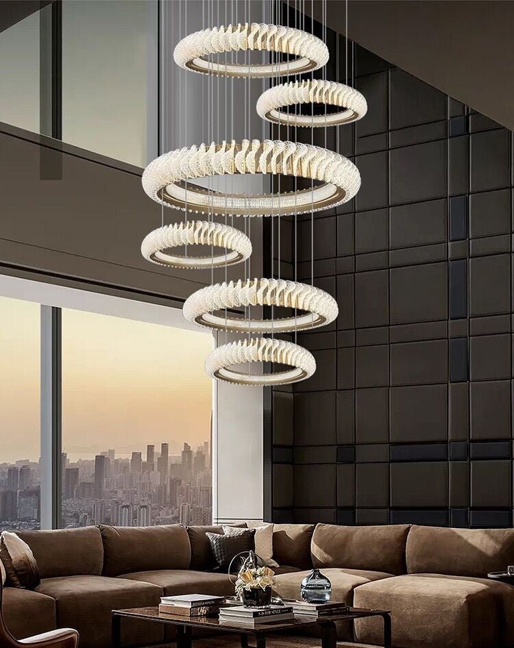 Extra Large Multi - layers Rings Crystal Chandelier Modern Art Waves Creative Pendant Light For High - ciling Foyer/Hallway/Staircase - 4 Layers:D39.4"GoldWarm LightTrivellolab
