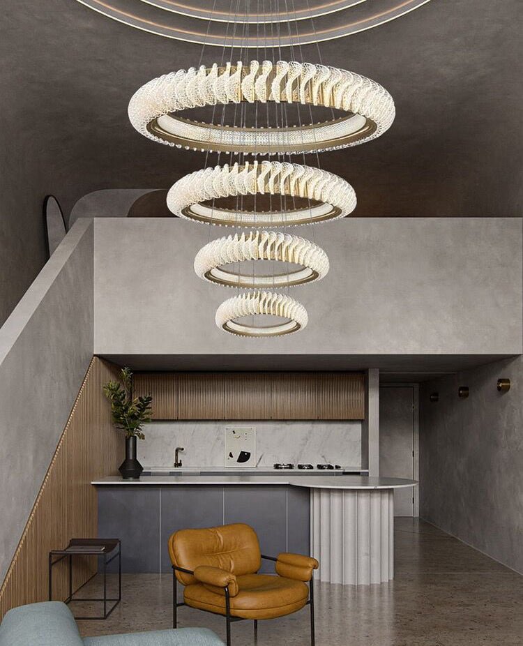 Extra Large Multi - layers Rings Crystal Chandelier Modern Art Waves Creative Pendant Light For High - ciling Foyer/Hallway/Staircase - 4 Layers:D39.4"GoldWarm LightTrivellolab