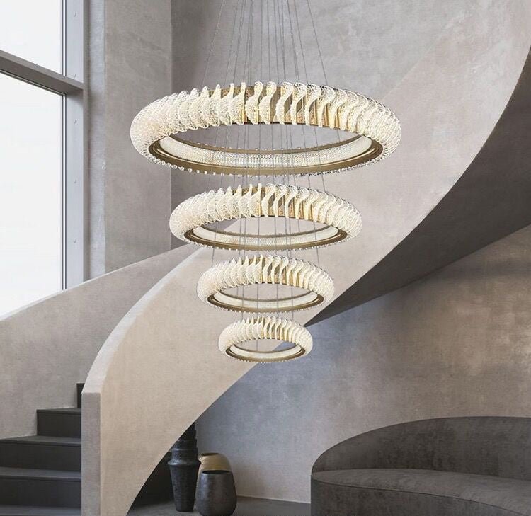 Extra Large Multi - layers Rings Crystal Chandelier Modern Art Waves Creative Pendant Light For High - ciling Foyer/Hallway/Staircase - 4 Layers:D39.4"GoldWarm LightTrivellolab