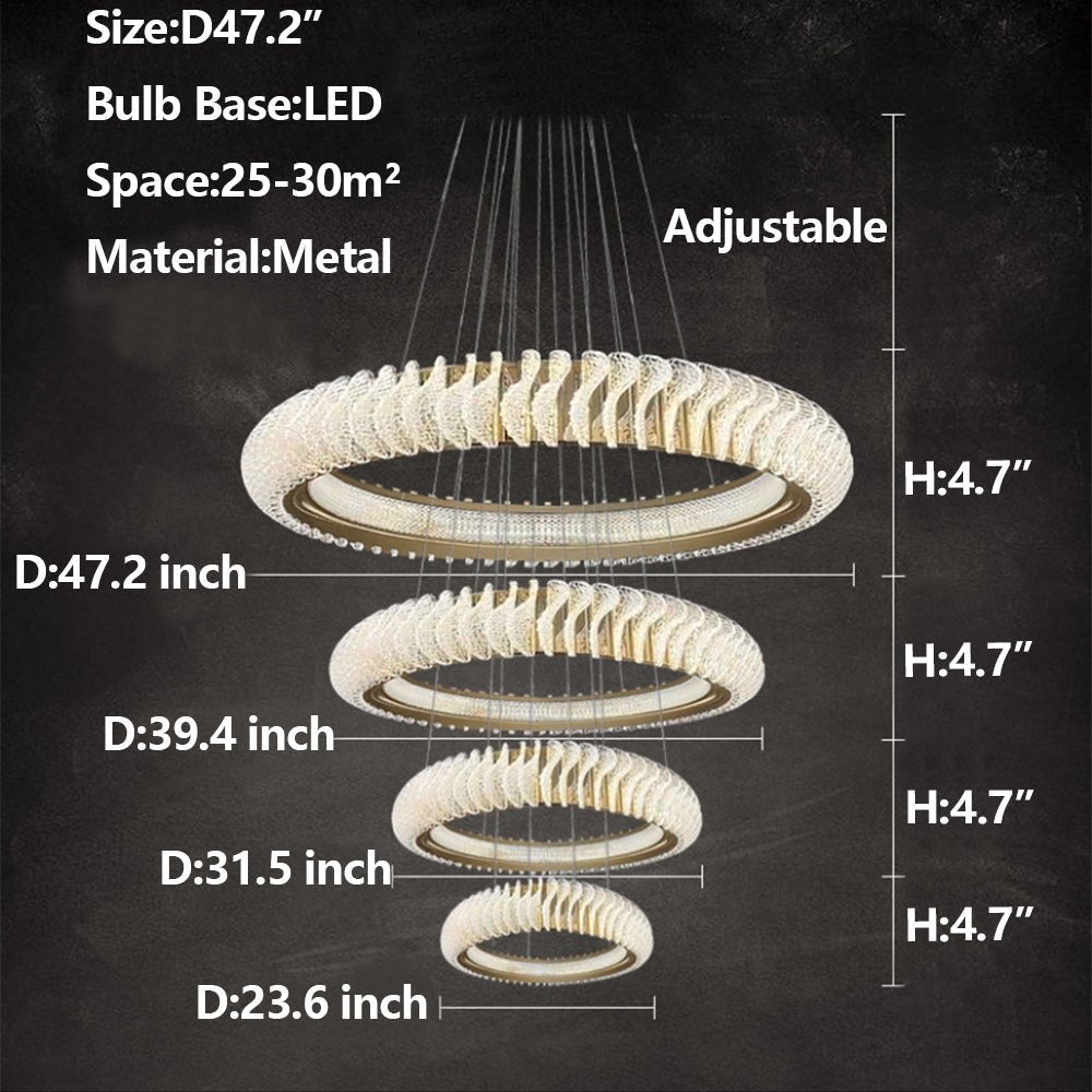 Extra Large Multi - layers Rings Crystal Chandelier Modern Art Waves Creative Pendant Light For High - ciling Foyer/Hallway/Staircase - 4 Layers:D39.4"GoldWarm LightTrivellolab