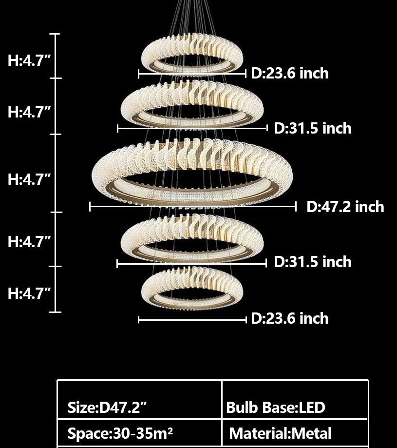 Extra Large Multi - layers Rings Crystal Chandelier Modern Art Waves Creative Pendant Light For High - ciling Foyer/Hallway/Staircase - 4 Layers:D39.4"GoldWarm LightTrivellolab
