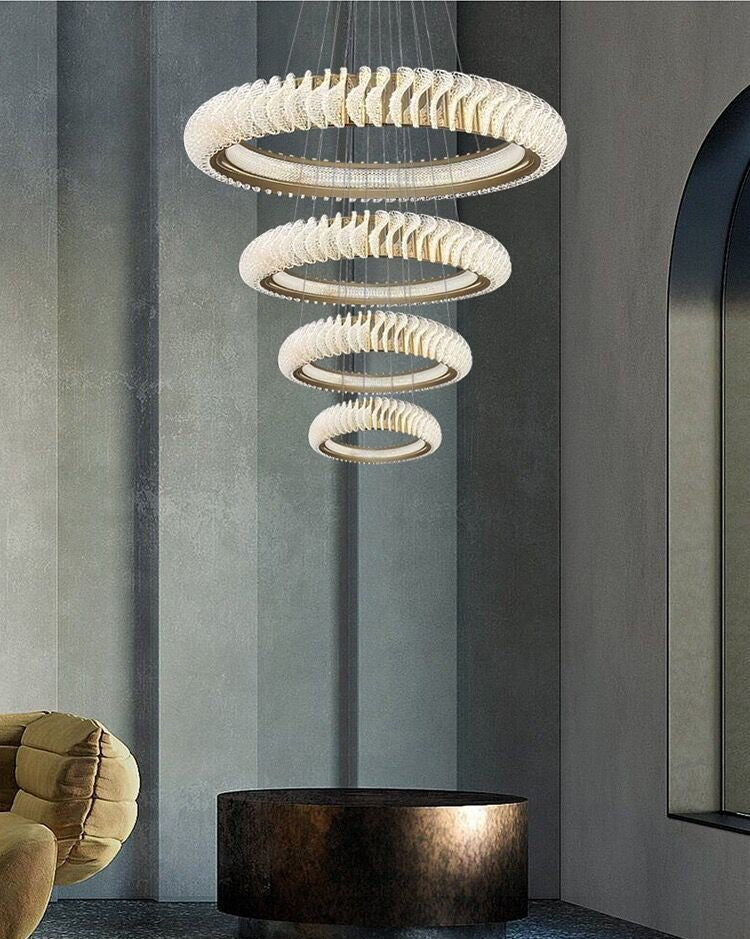 Extra Large Multi - layers Rings Crystal Chandelier Modern Art Waves Creative Pendant Light For High - ciling Foyer/Hallway/Staircase - 4 Layers:D39.4"GoldWarm LightTrivellolab
