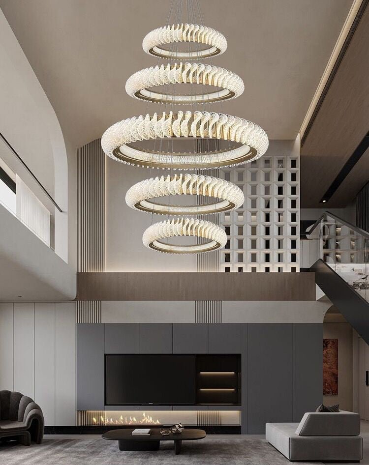 Extra Large Multi - layers Rings Crystal Chandelier Modern Art Waves Creative Pendant Light For High - ciling Foyer/Hallway/Staircase - 4 Layers:D39.4"GoldWarm LightTrivellolab