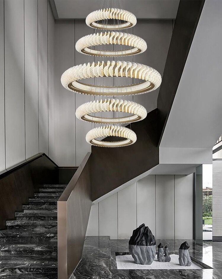 Extra Large Multi - layers Rings Crystal Chandelier Modern Art Waves Creative Pendant Light For High - ciling Foyer/Hallway/Staircase - 4 Layers:D39.4"GoldWarm LightTrivellolab