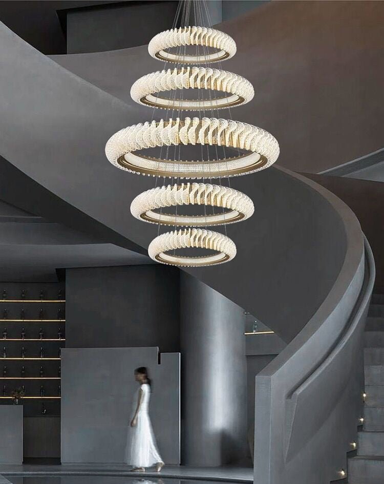 Extra Large Multi - layers Rings Crystal Chandelier Modern Art Waves Creative Pendant Light For High - ciling Foyer/Hallway/Staircase - 4 Layers:D39.4"GoldWarm LightTrivellolab