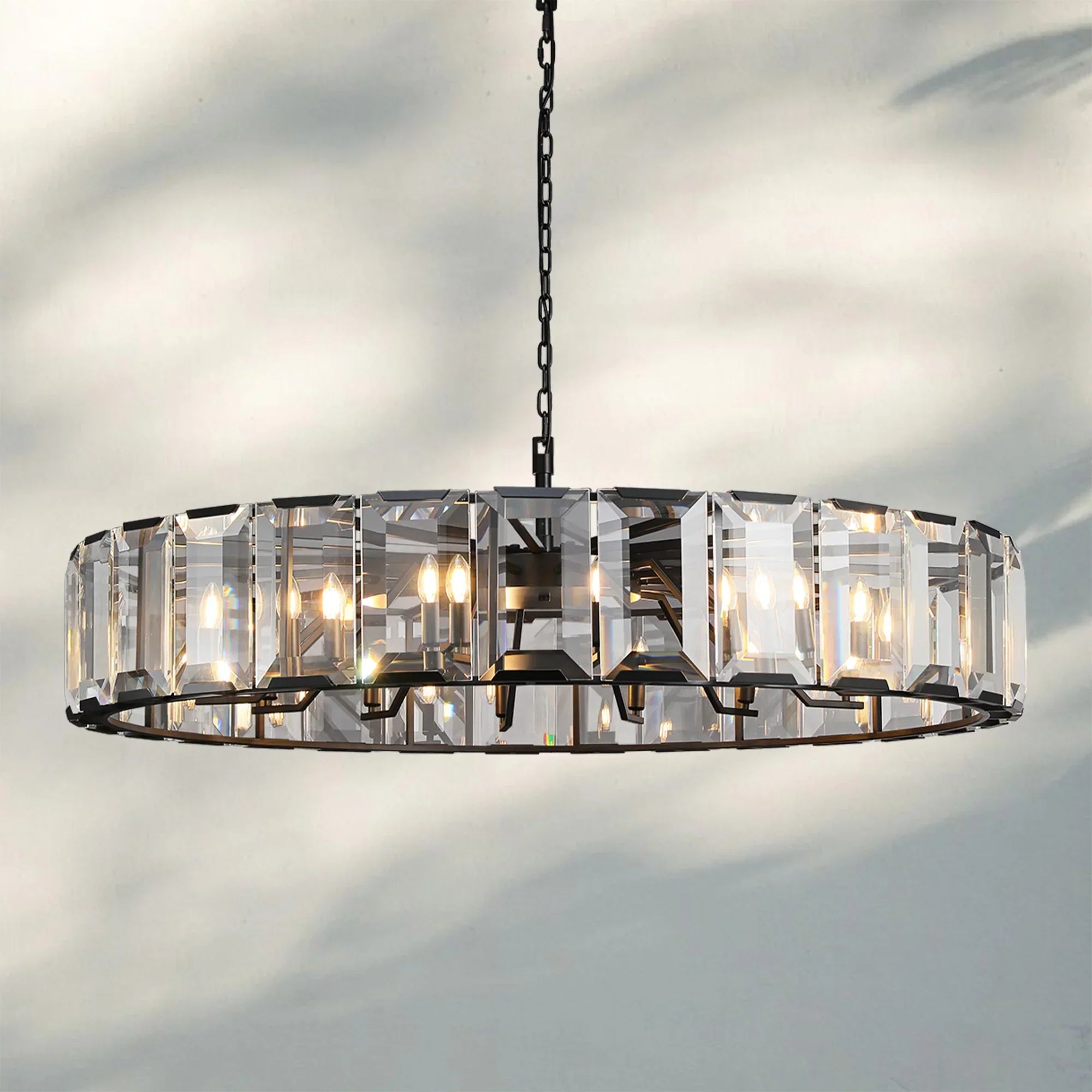 Herlow Crystal Modern Round Chandelier Elegant Ceiling Light Fixture-60''-Matte Black-