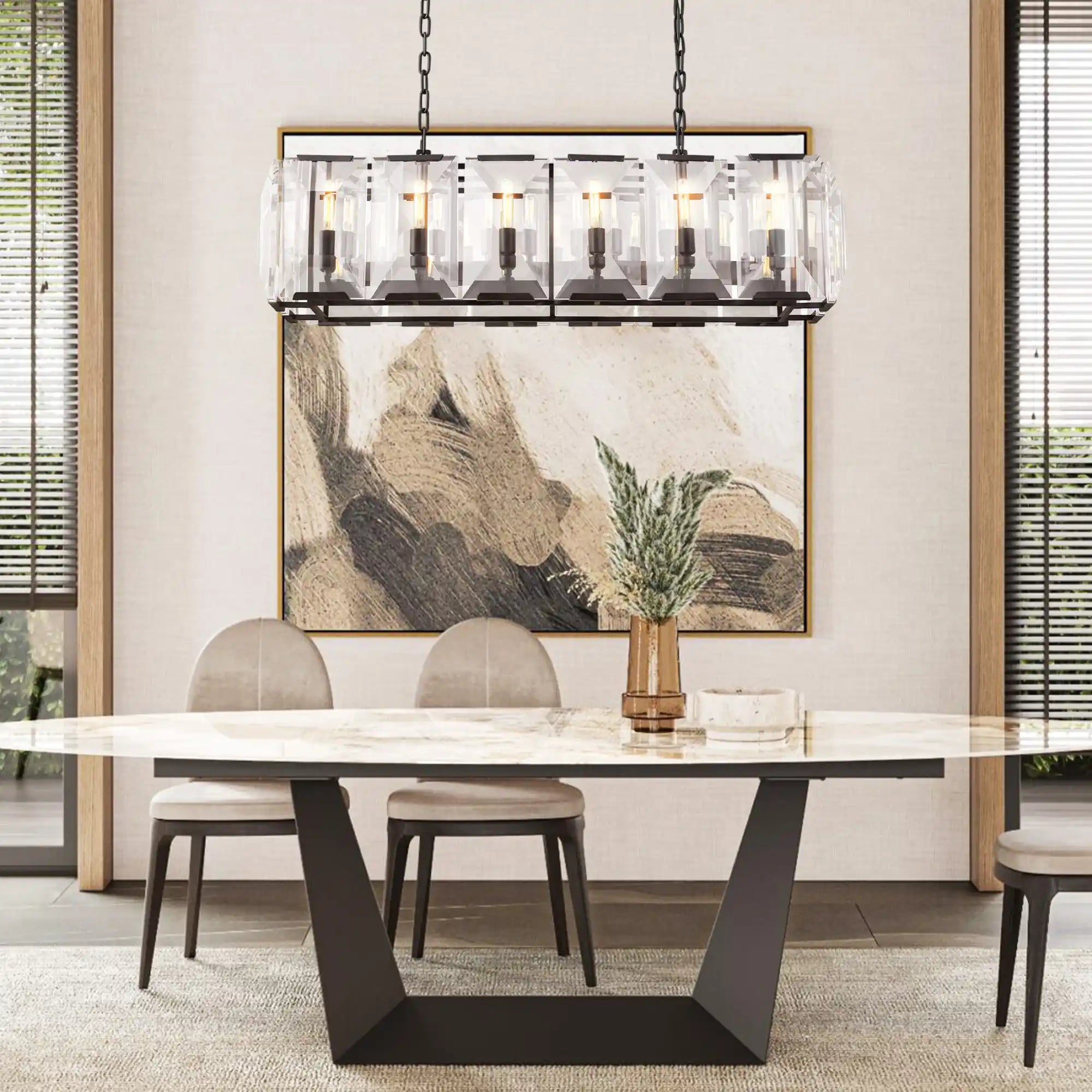 Velora Crystal Rectangle Chandelier Elegant Ceiling Light Fixture for Dining Room