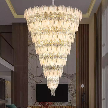 Handcrafted Glass Leaf Multi-Tier Crystal Waterfall Chandelier