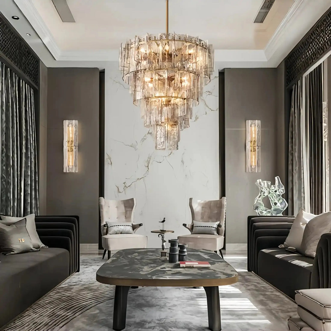 Lattic Glass Tiered Round Chandelier 36'' 47''-Blushlighting