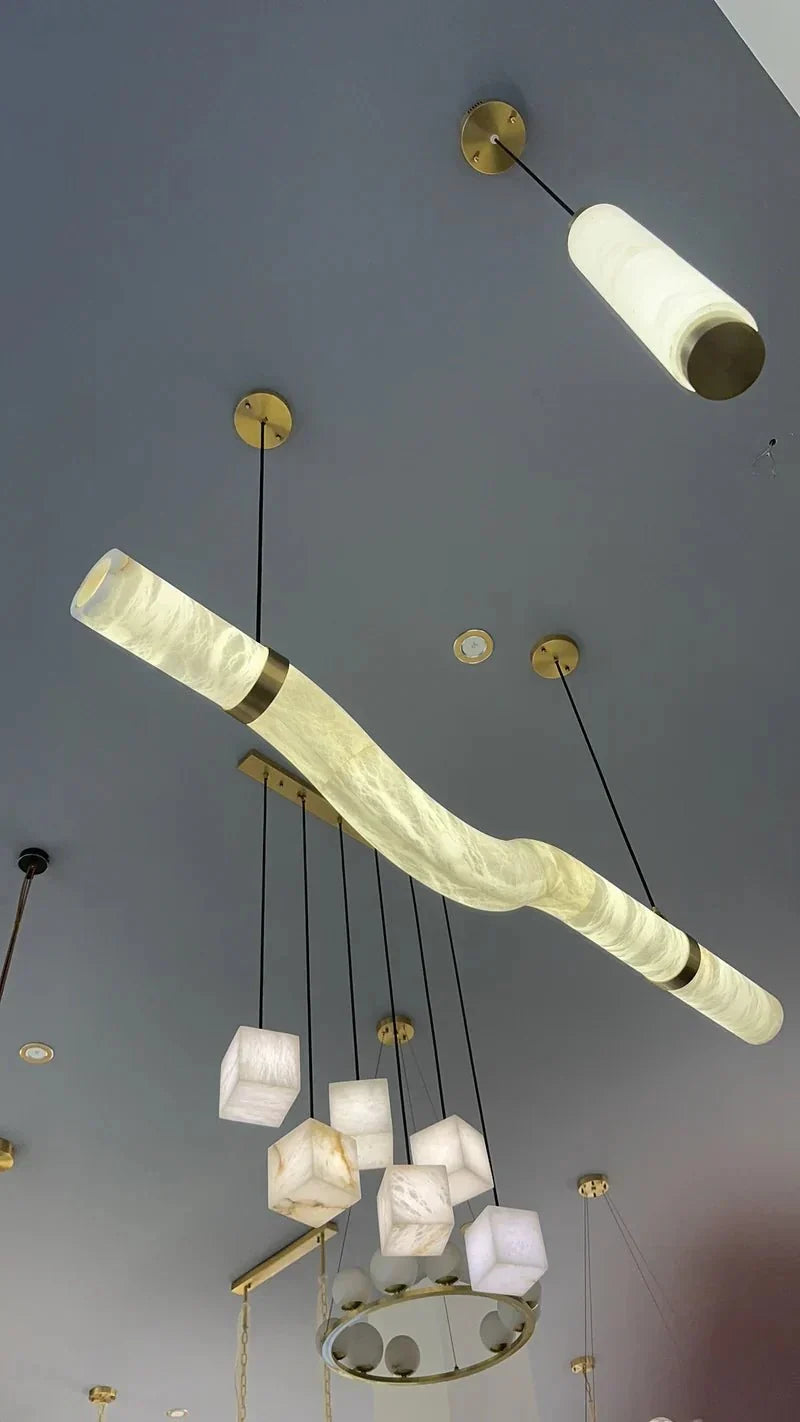 Liberty Curved Pendant Alabaster Chandelier, Pendant Light Over Dining Table - Style ABrassTrivellolab
