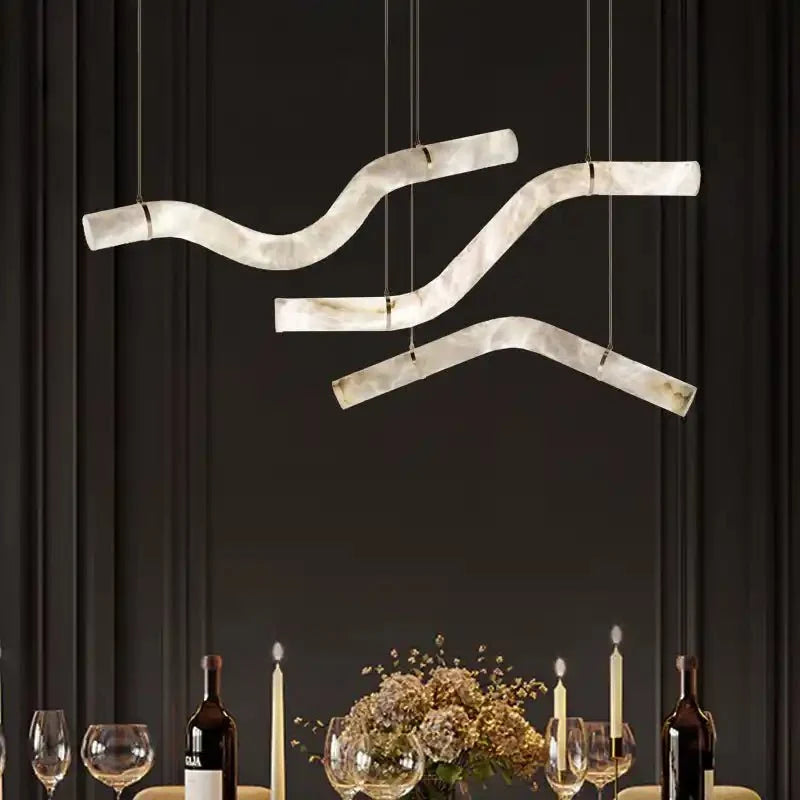 Liberty Curved Pendant Alabaster Chandelier, Pendant Light Over Dining Table - Style B 60.5"W * 4.75"D * 12.5"HBrassTrivellolab