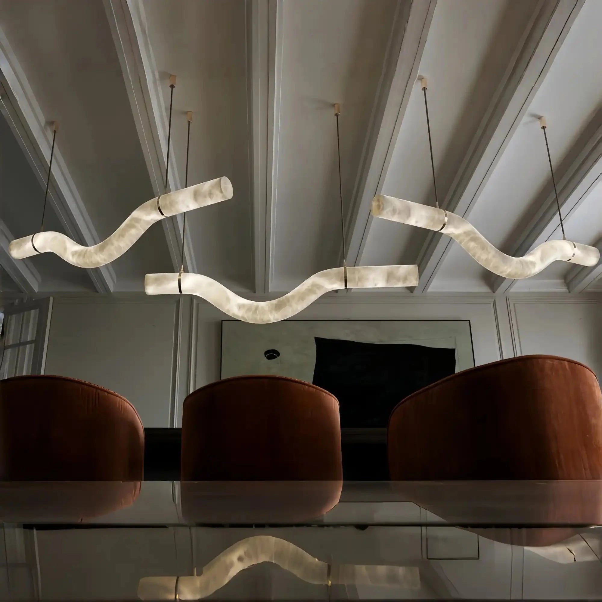 Liberty Curved Pendant Alabaster Chandelier, Pendant Light Over Dining Table - Style B 60.5"W * 4.75"D * 12.5"HBrassTrivellolab