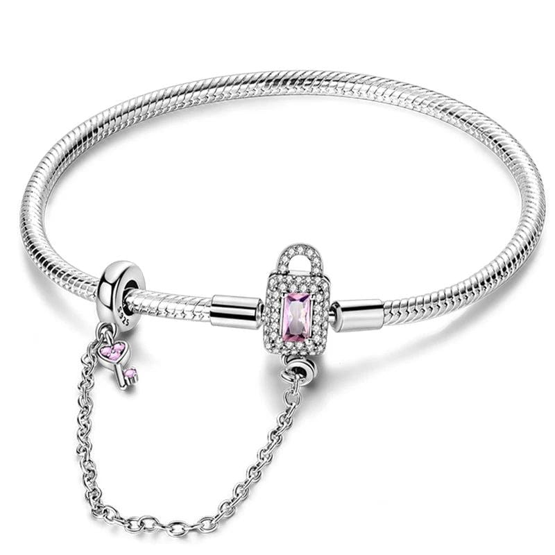 Trivellolab Lock and Key Bracelet with Pink Crystal and Safety Chain
