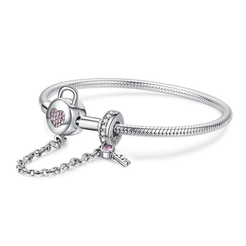 Trivellolab Lock & Key Pink Heart Safety Chain Charm Bracelet